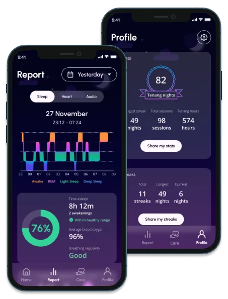 Two smartphones showing Tenang app's Report screen and Profile screen