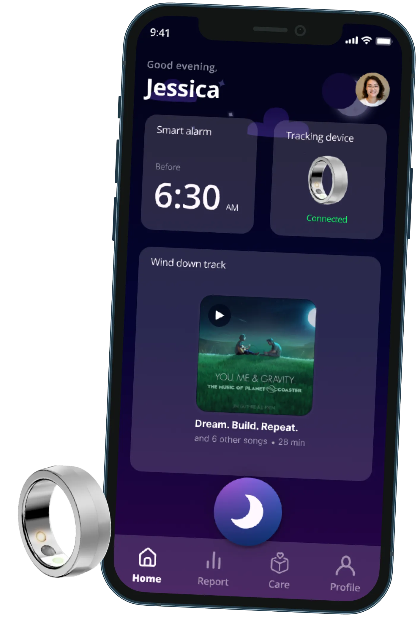 A smartphone showing Tenang app with a smart ring device at the side